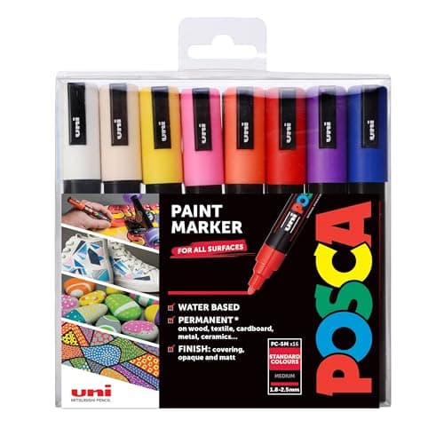 Image of POSCA PC-5M Medium Tip Acrylic Paint Marker Pens, 16 Assorted Colours, For All Surfaces (Pack of 16 Pens)
