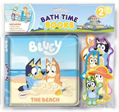 Image of Bluey The Beach Bath Time Books - Activity Books for kids, Bath book, 6 Padded suction cups, 1 Mesh bag