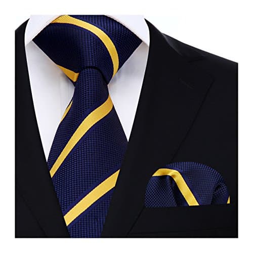 Image of HISDERN Striped Wedding Tie Handkerchief Men's Necktie & Pocket Square Set (Yellow & Navy)
