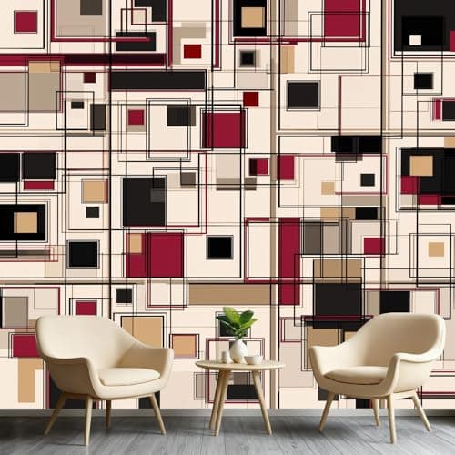 Image of Abstract Geometric Mural, Vintage Blocks Squares Murals, Modern Wallpaper for Feature Wall, Contemporary Wall Stickers for Living Room Bedroom Study, Beige (Not Peel and Stick) 150 x 100 cm &Q5554