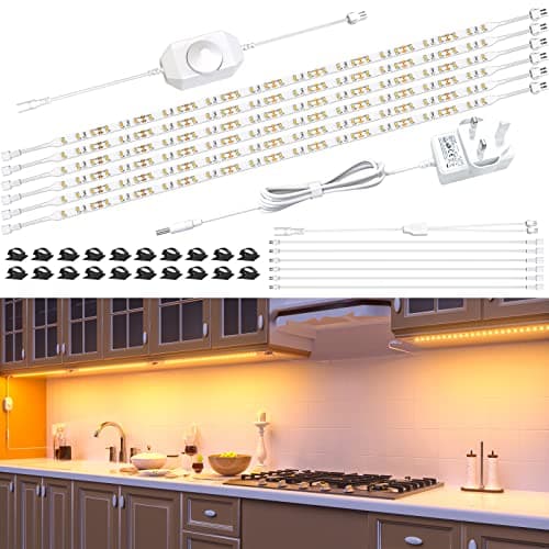 Image of Hensam Under Cabinet Lights - 6PCS*50cm LED Strip Lights, Dimmable Counter Light for Kitchen, Shelf, Cupboard, Cabinet, Closet, 12V Adapter, Dimmer, 3000K Warm White, 180 LED, 1500 Lumen