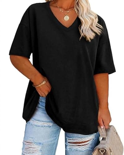 Image of Fisoew Women's Plus Size T-Shirt with V-Neck Short Sleeve Summer Oversize Shirt Basic Loose Top Large Sizes Cotton Tee Tops, Black, 3XL