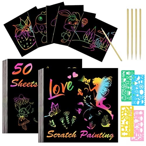 Image of Vicloon Rainbow Scratch Art, 50Pcs Black Magic Scratch Art Notes Painting Boards Arts and Crafts for Kids with 4 Stencils 5 Wooden Stylus Birthday Gifts DIY Party Gift(8.5 * 8.5CM)