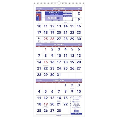 Image of AT-A-GLANCE Wall Calendar, 2018, December 2017 - January 2019, 3-Month Display, 12" x 27", Wirebound, Vertical (PM1128)