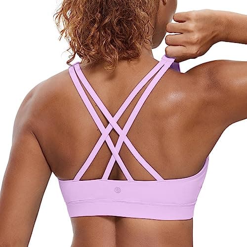 Image of CRZ YOGA Women's Strappy Back Sports Bra - Mid Impact Wirefree Padded Workout Yoga Crop Top Lilac S