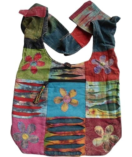 Image of NATURAL FLOW Fair Trade Cotton Patchwork & Flowers Beach Travel Hippy Boho Shoulder Bag
