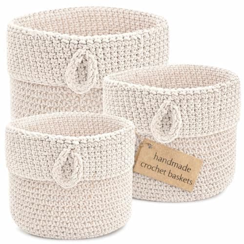 Image of Clay Roberts Round Storage Baskets, Set of 3, Cream, Fabric Basket Organisers, Woven Knitted, Baskets, Beige, Woven Storage Rope Basket