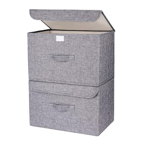 Image of Homsorout Foldable Storage Boxes with Lids - Wardrobe Organiser Bin with Handle Fabric Basket Containers for Clothes, Book, Shelf, Office, Large x2-23.75L, Grey