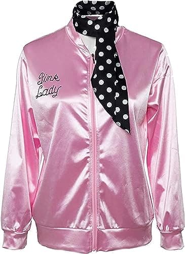 Image of helymore Women Ladies Costume 50s Sandy Pink Satin Jacket with Neck Scarf Halloween Costume Fancy Set,L