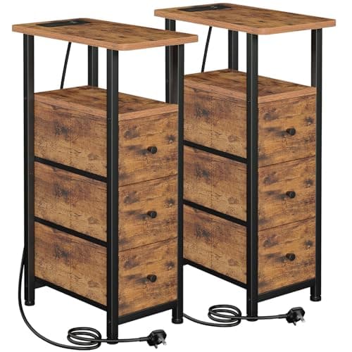 Image of LOAKEKEL Slim Bedside Table Set of 2, Narrow Side Table with Charging Station, Sofa Table with 3 Fabric Drawers and Open Storage Shelf, Nightstand for Small Spaces, Living Room, Brown UHETNDP03PBR