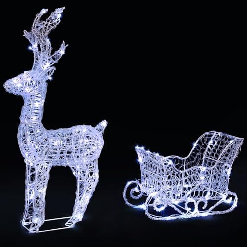 Image of VeryMerry Pre-Lit Reindeer with Sleigh, Extra Large 85cm with 180 LED Light Up Acrylic Figures Garden Christmas Decoration, Auto-Off Timer, Indoor and Outdoor use - Cool White