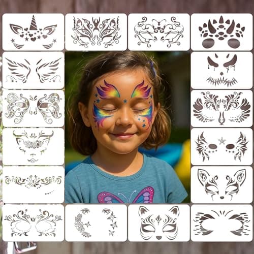 Image of 16 PCS Reusable Islamic Art Stencils for Wall Decoration, Face Painting, Tattoo Templates, and Kids DIY Drawing - Intricate Floral, Scallop Border, Unicorn, Cat, Fox, Wing, and Mask Designs