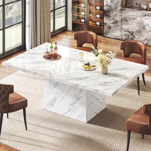 Image of HSH White Faux Marble Dining Table, 160cm Modern Dinner Table for 6 People, Farmhouse Rectangle Kitchen Table for Living Room, Large Wood Dining Room Tables with Strong Pedestal, White Marble, 160cm