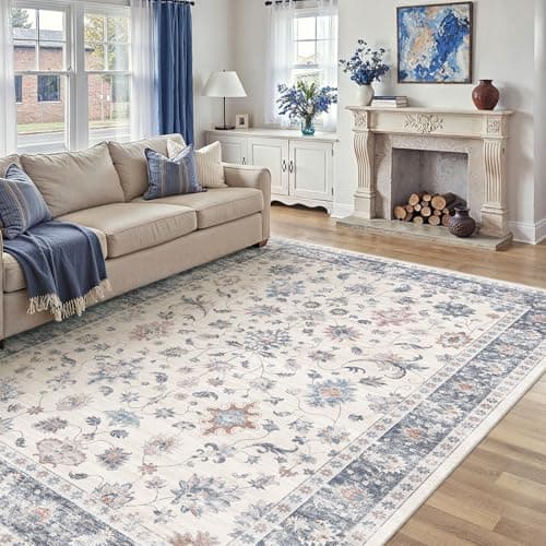 Image of PureCozy Rugs Living Room 240x300 cm Vintage Washable Non Slip Area Rugs Retro Floral Extra Large Carpet for Bedroom Dining Room Hall Lounge Office Indoor Home Decor, Blue & White