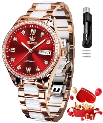 Image of OLEVS Automatic Watch for Women Self Winding Mechanical Ladies Diamond Wrist Watch Luxury Dress Rose Gold Ceramic Watches for Women Love Heart Date
