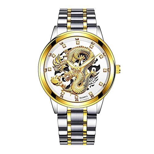 Image of Hdanyiyi Men's Luxury Quartz Watch - Dragon Pattern - Stainless Steel - Gold Dial - Scratch Resistant - Water Resistant - Unisex-Adults