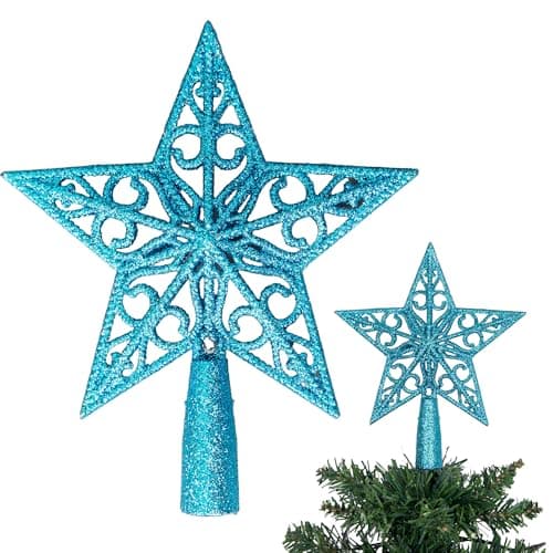 Image of 14.5cm Ice Blue Glitter Star Christmas Tree Topper Shatterproof for Christmas Tree Decorations Xmas Treetop Tree Crown Holiday Ornament