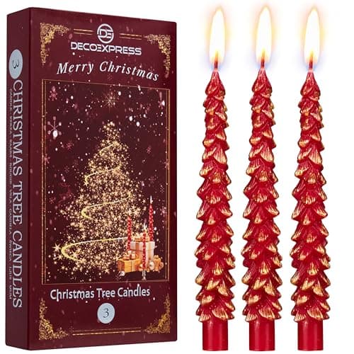 Image of Deco Express Christmas Tree Candles Set of 3 or 6, Dinner Candles 7 Hr Burn, Table Centrepiece Festive Decor Xmas Holiday, Gift Set Home Decoration (Red/Gold, 3 Pcs)