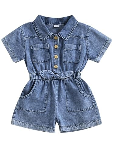 Image of ZZLBUF Toddler Baby Girl Denim Jumpsuit Short Sleeve Jean Romper Shorts Jumpsuit Overalls Summer Clothes One Piece Outfits (Blue, 3-4 Years)