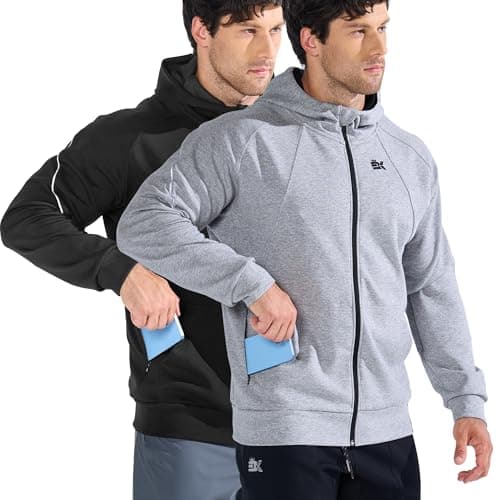 Image of BROKIG Mens Zipup Gym Hoodies, Running Jacket Tracksuit Sports Coat Casual Hooded Sweatshirt with Pockets (X-Large, Black+Light Grey)