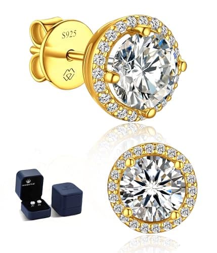 Image of MomentWish 18ct Gold Earrings, 2 Carat Moissanite Diamond Halo Stud Earrings Hypoallergenic Sterling Silver Earrings Sparkly Earrings for Women 6.5mm