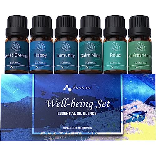 Image of ASAKUKI Essential Oil Blends Gift Set | 6x10ml Well-Being Oils for Diffusers, Relaxation & Sleep | Calm Mind, Sweet Dreams, Happy, Relax, Air Freshening & Immunity | Aromatherapy Kit for Home Use