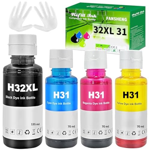 Image of FANSHENG 31 32XL Ink Compatible with HP 31 32XL ink refill bottles for Smart Tank 7605 7005 5105 7305 455 570 555 655 559 315 319 519 7605 7306 7006 (4 Pack Black/Cyan/Magenta/Yellow)