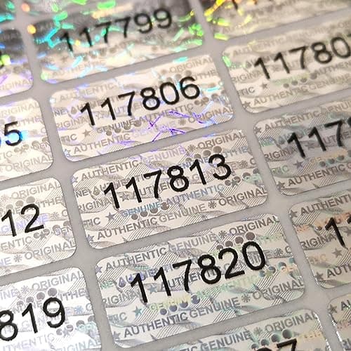 Image of Tamper Proof Stickers 10mm x 20mm Various Pack Sizes of Genuine Hologram Labels with Unique Serial Numbers (364)