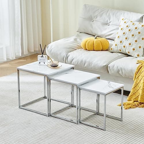 Image of Redd Royal High Glossing Nesting Table Set of 3, Living Room Small Side Sofa Table Coffee Table Set Square Corner Little End Table Stackable Marble Effect Wood with Chrome Frame Legs (White Marble)