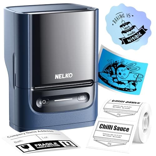 Image of Nelko PM220 Bluetooth Thermal Label Printer, Portable Label Maker Machine for iOS & Android Phone, Label Maker for Clothing, Jewellery, Retail, Address, Barcode, Home, with 1 Roll 40x30mm(Blue)