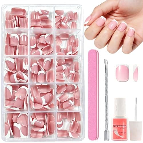 Image of French Tip False Nails - 240Pcs Extra Short Square Press On Nails - 15 Sizes Nude Pink Fake Nails - Full Cover Acrylic Nails - White Tip Stick On Nails with Glue for DIY Nail Art