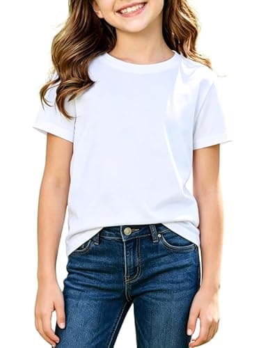 Image of Essentia Topia Girls Premium 180gsm Cotton Rich T-Shirt, Kids Short Sleeve Basic Tee for School PE & Everyday Wear, Soft Feel Midweight Summer Top 11-12 Years White