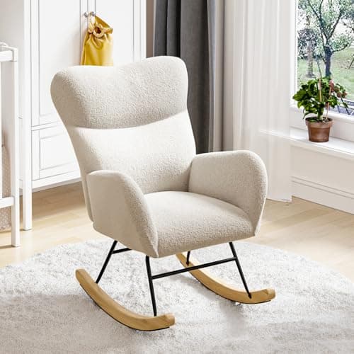 Image of Luxstein Rocking Chair for Adults, High Back Teddy Upholstered Nursing Chair Comfy Armchair with Metal Legs and Wood Base for Living Room, Bedroom, Balcony, Ivory White
