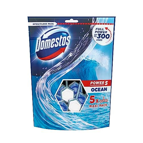 Image of Domestos Power 5 Ocean Toilet Rim Block toilet blocks that clean at full power for up to 300 flushes up to 3x more limescale prevention* 5 x 55 g