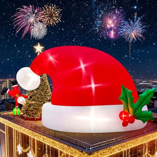 Image of Kalolary 20 Feet Christmas Inflatables Outdoor Decorations, Blow Up Yard with Built-in Rotating LEDs for Indoor Large Outdoor Decor Yard Holiday Party Garden (20FT Santa Claus Hat)