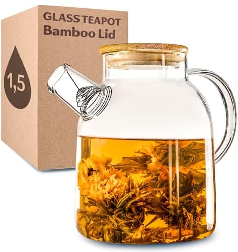 Image of Cosumy Glass Teapot 1500ml - Large Teapot with Spout Strainer for Loose Leaf Tea / 53 Oz with Bamboo Lid - Heat Resistant Jug - Dishwasher Safe - Stovetop Safe