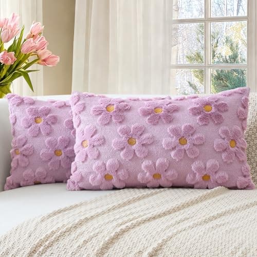 Image of Artscope Spring Summer Cushion Covers Set of 2 Flowers Throw Pillow Covers for Sofa 30x50cm Lumbar Seasonal Soft Plush Short Wool Velvet Cushion Case Holiday Decor Light Purple