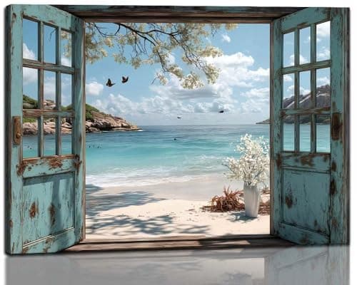 Image of Framed Open Window Beach Canvas Wall Art Coastal Wall Decor Picture White Flowers and Butterflies Painting Artwork Fake Window Wall Art Horizontal Nature Landscape Seaside Summer Print for Home