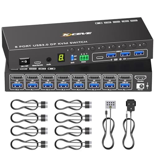 Image of 8 Port KVM Switch Displayport 4K@60Hz EDID Simulation, USB 3.0 DP KVM Switch for 8 Computers Share 1 Monitor and 4 USB Devices, KVM Switches with Audio RS232 Wired Remote 12V Power and 8 USB Cable