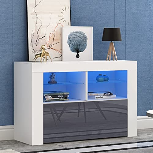 Image of Panana 100cm TV Stand Storage Unit Sideboard LED Lighted TV Console with Storage Cabinets & Open Glass Shelf, Media Console Fit For 32 40 43 inch 4k TV (Grey)