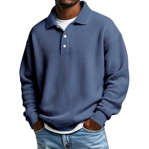 Image of Mens Polo Shirts Long Sleeve Jumpers Waffle Golf Tops Men's Polos Solid Color Button Up Lapel Collar Tshirts Loose Fit Golf Tops for Men Spring Clothes (Navy, L)