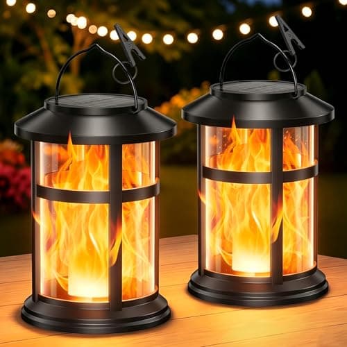 Image of GEARLITE Solar Lanterns Outdoor, 2 Pack Flickering Flame Solar Lights Outdoor Garden, IP65 Waterproof Hanging Garden Lanterns Decor for Table Patio Cemetery, Auto On/Off Solar Powered Garden Lights