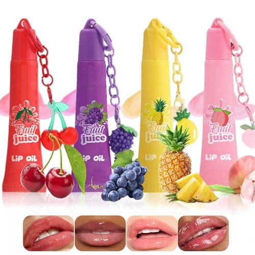 Image of 4 Colors Hydrating Lip Gloss Keychain,Glossy Plumping Nude Fruit Flavored Lip Gloss for Girls,High Shine Finish Lip Jelly Liquid Lipstick for Women