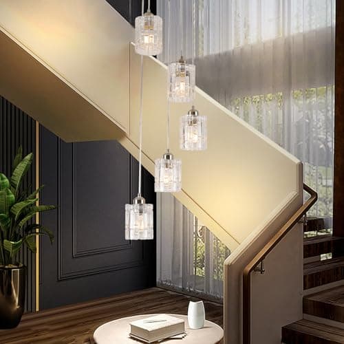 Image of xychfantligh Long Modern Crystal Pendant Light, Chandeliers for High Ceilings, Chrome 5 Lights Spiral Drop Lamp, Hanging Flush Mount Chandelier for Staircase Foyer Entryway Living Room