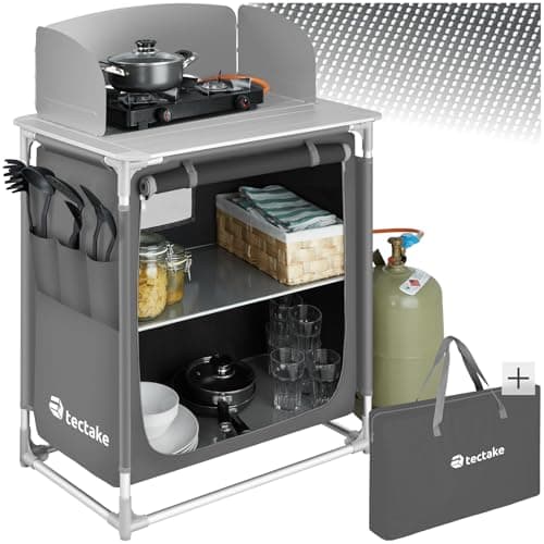 Image of tectake® Portable Camping Kitchen with 2 Shelves, 3 External Pockets, Heat-Resistant Worktop & Zipped Door, Outdoor Storage Cupboard with Lightweight Aluminium Frame, Incl. Carry Bag - Grey