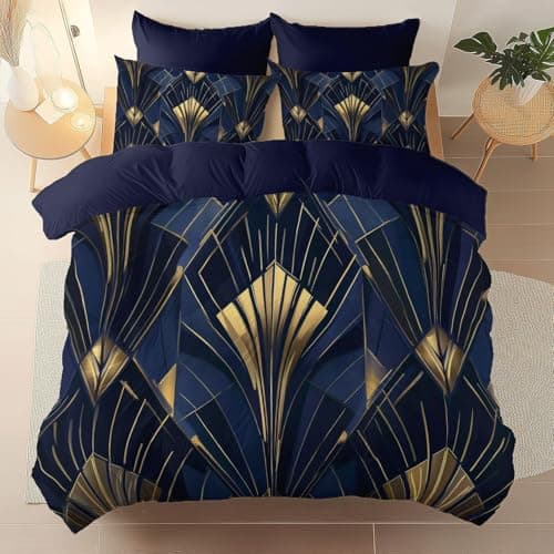 Image of Art Deco Duvet Cover Set, Navy Blue and Gold Geometric Pattern, 100% Polyester Microfiber, Double Duvet Cover 230 x 220 cm, Reversible Quilted Bedding with Breathable Soft Fabric