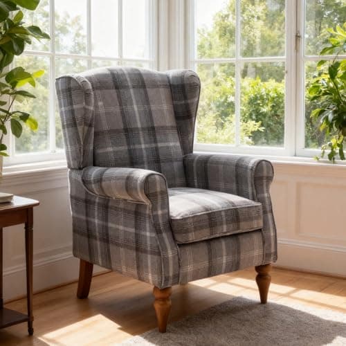 Image of Chusstang Retro Accent Chair, Wingback Tartan Armchair Soft Padded, Retro Check Leisure Chair, Fabric Lounge Padded Sofa Chair for Living Room Bedroom - Gray