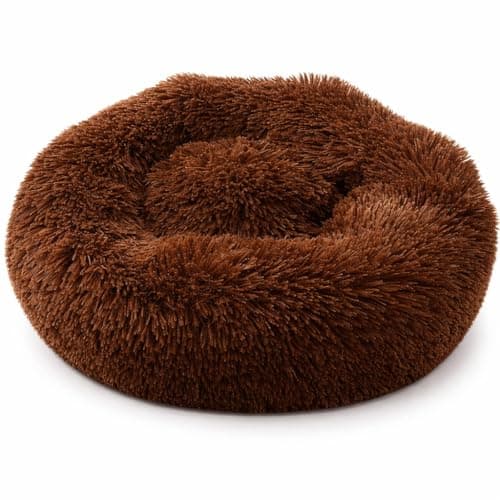 Image of raxter Plush Donut Dog Bed, Calming Round Soft and Fluffy Cuddler Pet Cushion, Self-Warming Puppy Bed, Machine Washable, Brown (60x60x10 cm)