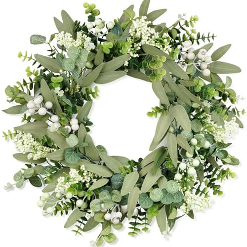 Image of COLORSPEC Eucalyptus Wreath for Front Door, 50 cm/20 inch Spring Summer Green Wreath, Lifelike Artificial Small Door Wreath Decoration for Farmhouse, Wedding, Home, Window, Wall, Fireplace