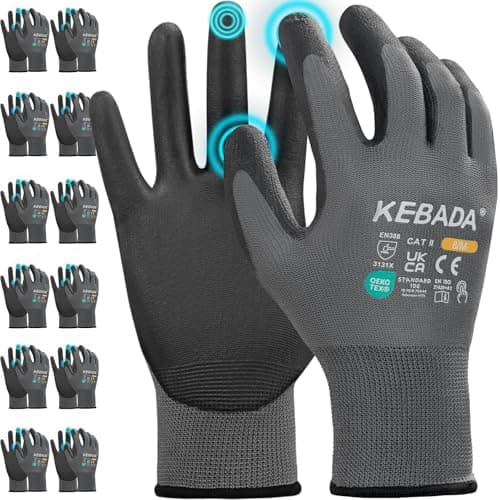 Image of Kebada Work Gloves for Men and Women, PU Coated Touchscreen Safety Working Gloves with Grip, Great for Gardening, Mechanic, Warehouse, Driving, Construction, Manufacturing, Grey, 12 Pairs, XX-Large
